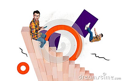 Collage creative poster illustration man clone young twin sit read information fall down doodle sketch colorful figure Cartoon Illustration