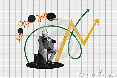 Collage creative poster monochrome effect happy enjoy thoughtful old man look arrow up success charts analysis data Stock Photo