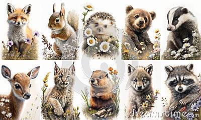 Collage of cute little wildlife animals with wildflowers on white background Stock Photo