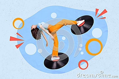 Collage 3d artwork postcard poster sketch of girl like retro stand between two music discs isolated on painting Stock Photo