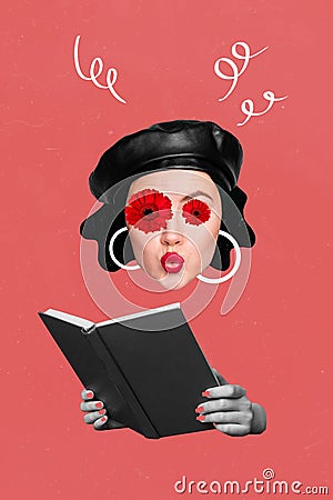 Collage 3d image of pinup pop retro sketch of funny funky elegant parisian fashionista woman beret flowers impressed Stock Photo