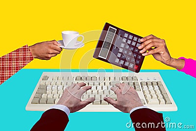 Collage 3d image of pinup pop retro sketch of hands boss typing keyboard workplace secretary help employee magazine Stock Photo