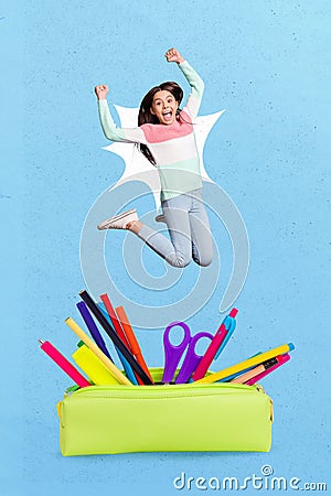 Collage 3d image of pinup pop retro sketch of lucky happy little child rising fists buying studying stuff isolated Stock Photo