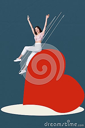 Collage 3d image of pinup pop retro sketch of sliding big heart funny girl valentine day dating concept weird freak Stock Photo