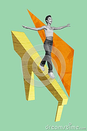 Collage 3d image of pinup pop retro sketch of sporty lady walking balance beam isolated painting background Stock Photo
