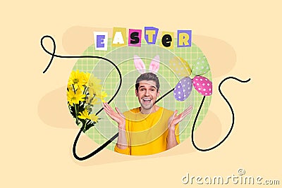 Collage 3d image of pinup retro sketch of excited young man celebrate easter holiday traditional invitation billboard Stock Photo