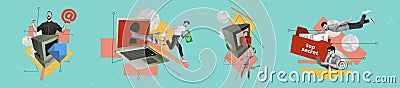 Collage 3d image retro sketch of internet connection computer data safety lock protect secrets panorama bizarre unusual Stock Photo