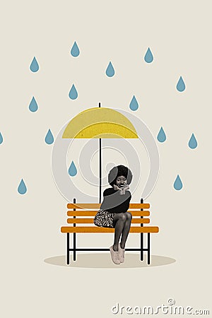 Collage 3d pinup pop retro sketch image of happy smiling lady sitting bench under parasol isolated beige color Stock Photo