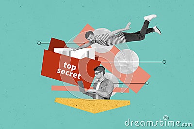 Collage 3d pinup pop sketch image of hackers opening top secret computer files isolated green color background Stock Photo