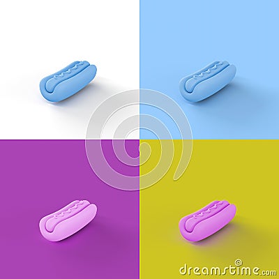 Collage of 3D rendered minimalistic hot dogs in four different vibrant colors Stock Photo
