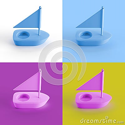 Collage of 3D rendered minimalistic sailboat in four different vibrant colors Stock Photo
