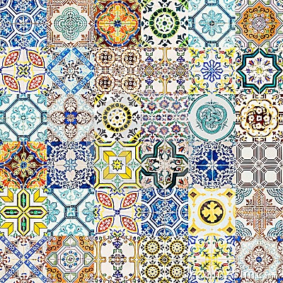 Collage Of Decorative Ceramic Wall Texture Pattern In Lisbon Stock Photo