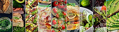 Collage of delicious food and fastfood close-up Stock Photo