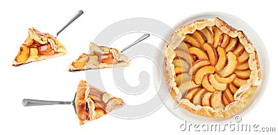 Collage with delicious peach pie on white background Stock Photo