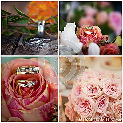 Collage Of Diamond Wedding Rings With Flowers Stock Photo