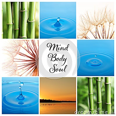 Collage of different beautiful pictures and text Mind, Body, Soul. Stock Photo