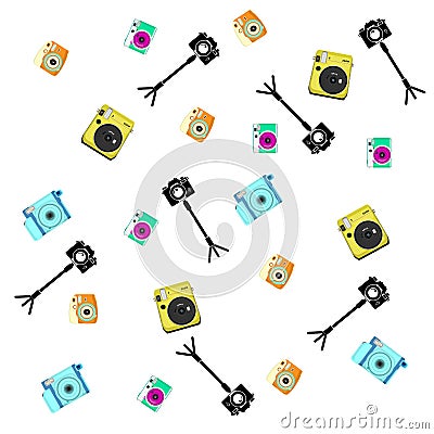 The collage of different cameras and tripod Vector Illustration