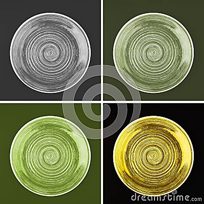 Collage from different colored round ceramic plates with spiral pattern Stock Photo