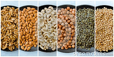 Collage of different kinds of nuts. Cashew, hazelnut, almond, walnut, cedar. Stock Photo
