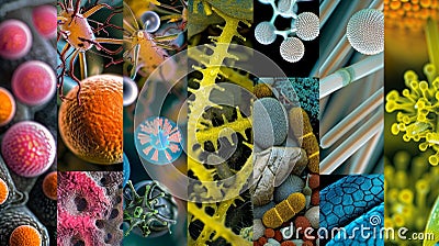 A collage of different microorganisms each labeled with its unique role in the decoding of biofuels. From bacteria to Stock Photo