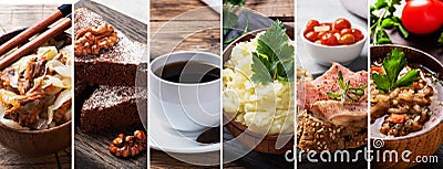 Collage of different photos of delicious food. A set of images with edible dishes Stock Photo