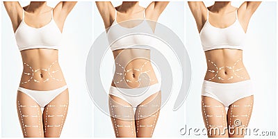 Collage of different photos of female body with drawing arrows. Stock Photo