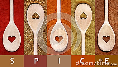 Collage of different spice and herbs and spoons with heart Stock Photo
