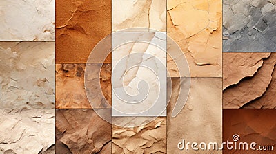 Collage of different textures and backgrounds of different shades of brown, beige, gray and black. Generative AI Cartoon Illustration