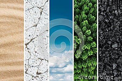 A collage of different types of elemental textures. Set of vertical images, sand, marble, air, greenery, coal Stock Photo