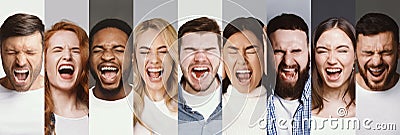 Collage of diverse multiracial angry people screaming Stock Photo