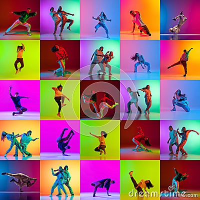 Collage. Diverse young people, male and female hip-hop, freestyle dancers performing against multicolored background in Stock Photo