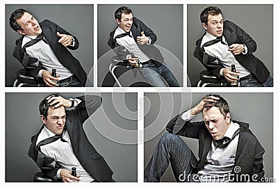 Collage of Drunk young man in office clothes Stock Photo