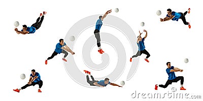 Collage. Dynamic studio shots of man, professional volleyball player in blue uniform training playing isolated over Stock Photo