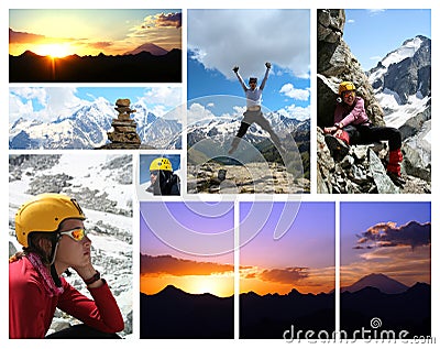 Collage - early morning Elbrus and hikers Stock Photo
