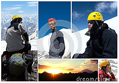 Collage - early morning Elbrus and hikers Stock Photo