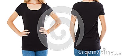 Collage empty t-shirt, woman in blank t shirt - front back views, black tshirt, copy space Stock Photo