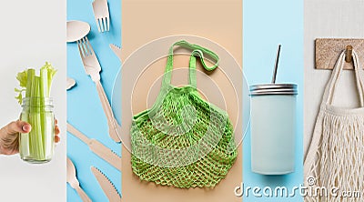 Collage of environmental eco lifestyle, reusable bottles, wooden cutlery, cotton mesh bag, plant celery in mason jar Stock Photo