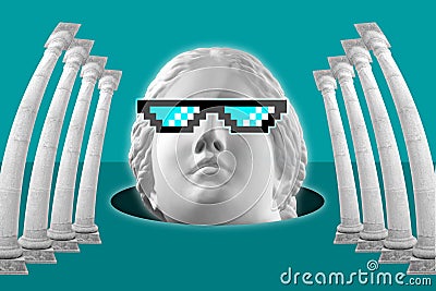 Collage with face of antique sculpture in pixel glasses. Vaporwave style. Modern creative image with head ancient statue Stock Photo