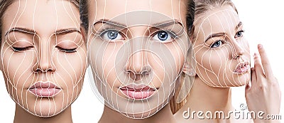 Graphic lines showing facial lifting effect on skin. Stock Photo