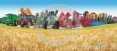 Collage about farm, agriculture, farming. Concept of equipment readiness for agricultural work - for sowing and harvesting wheat Editorial Stock Photo