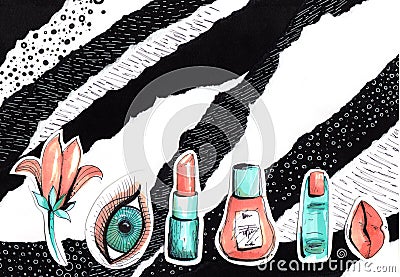 Collage in a fashion magazine style with crazy girl lips and eyes. Girl mouth and eyes close-up with lipstick makeup Stock Photo