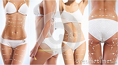 Collage of a female body with arrows. Stock Photo