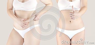 Collage of 2 female figures in white underwear. Woman Before and after losing weight. Overweight woman and slim woman Stock Photo
