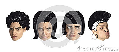 Collage of female haircuts drawn in cartoon style on different young emotional girls. Model with creative haircuts Stock Photo