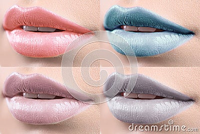 Collage of female lips covered in lipstick Stock Photo