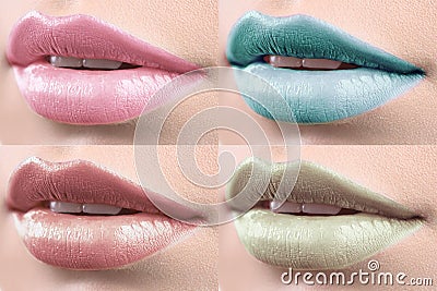 Collage of female lips covered in lipstick Stock Photo