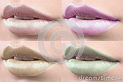 Collage of female lips covered in lipstick Stock Photo