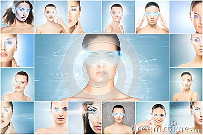 Collage of female portraits with holograms Stock Photo