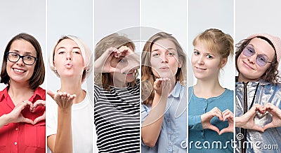 Collage of female portraits women sending air kiss or showing heart gesture. Stock Photo