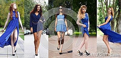 Collage of five beautiful models in blue dress Stock Photo